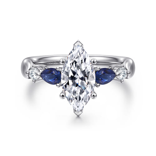 14K White Gold Marquise Shape Five Stone Sapphire and Diamond Engagement Ring
