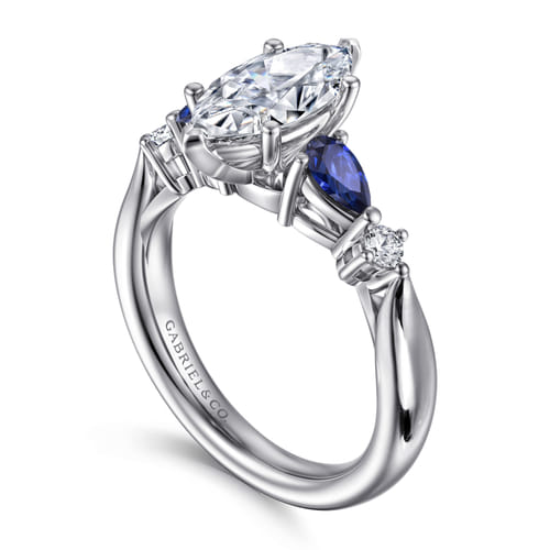14K White Gold Marquise Shape Five Stone Sapphire and Diamond Engagement Ring