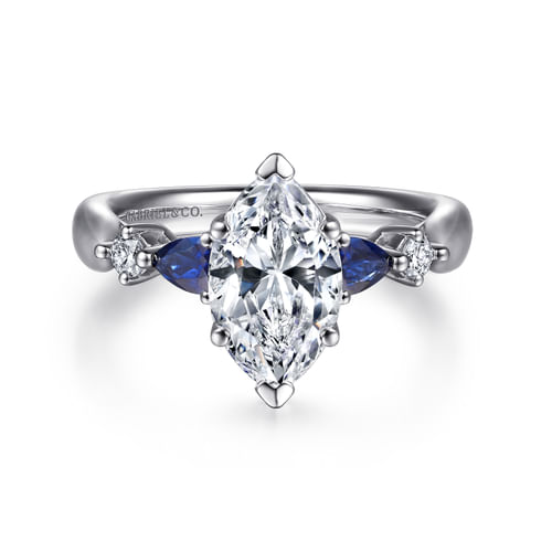 14K White Gold Marquise Shape Five Stone Sapphire and Diamond Engagement Ring