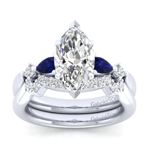 14K White Gold Marquise Shape Five Stone Sapphire and Diamond Engagement Ring