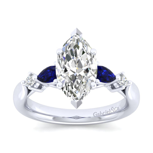 14K White Gold Marquise Shape Five Stone Sapphire and Diamond Engagement Ring