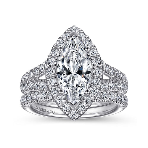 14K White Gold Marquise Shape Halo Diamond Engagement Ring