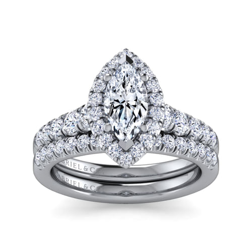 14K White Gold Marquise Shape Halo Diamond Engagement Ring