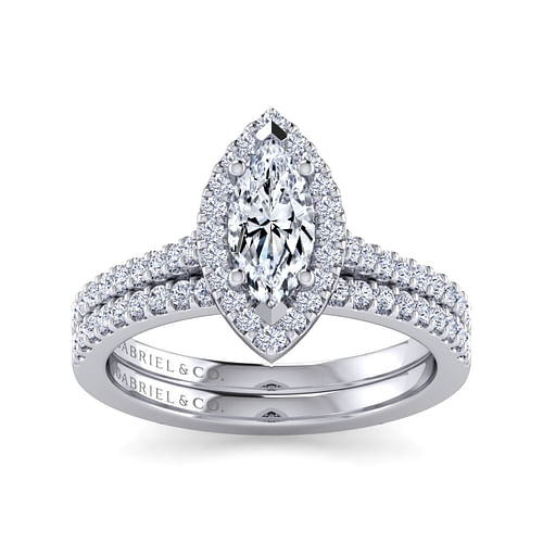 14K White Gold Marquise Shape Halo Diamond Engagement Ring