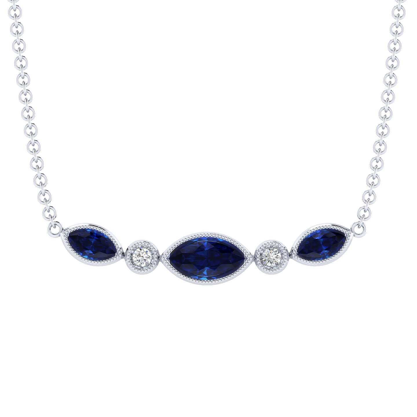 14K White Gold Marquise Shape Sapphire and Bezel Set Diamond Bar Necklace