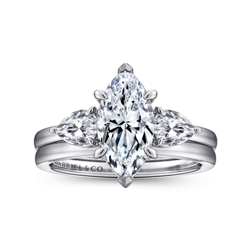 14K White Gold Marquise Shape Three Stone Diamond Engagement Ring