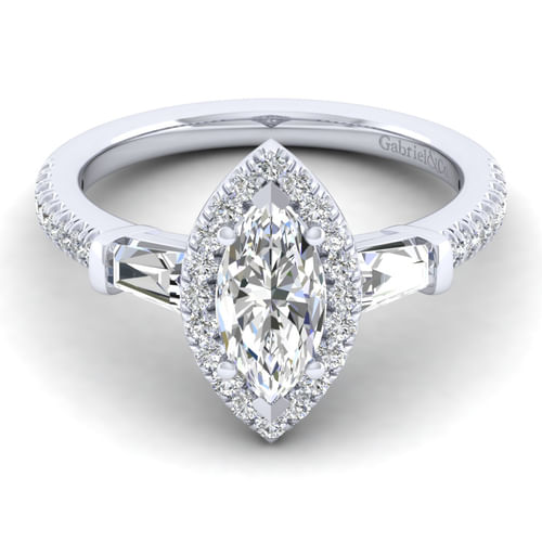 14K White Gold Marquise Shape Three Stone Halo Diamond Channel Set Engagement Ring