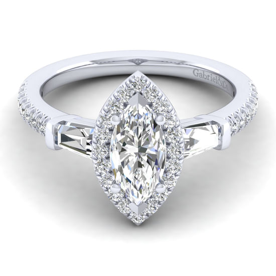 Gabriel - 14K White Gold Marquise Shape Three Stone Halo Diamond Channel Set Engagement Ring