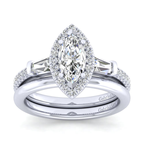 14K White Gold Marquise Shape Three Stone Halo Diamond Channel Set Engagement Ring