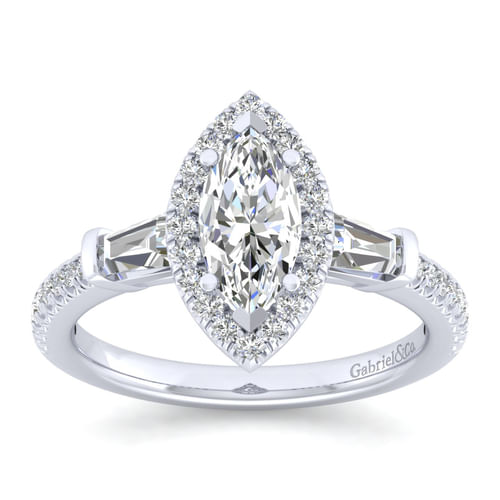14K White Gold Marquise Shape Three Stone Halo Diamond Channel Set Engagement Ring