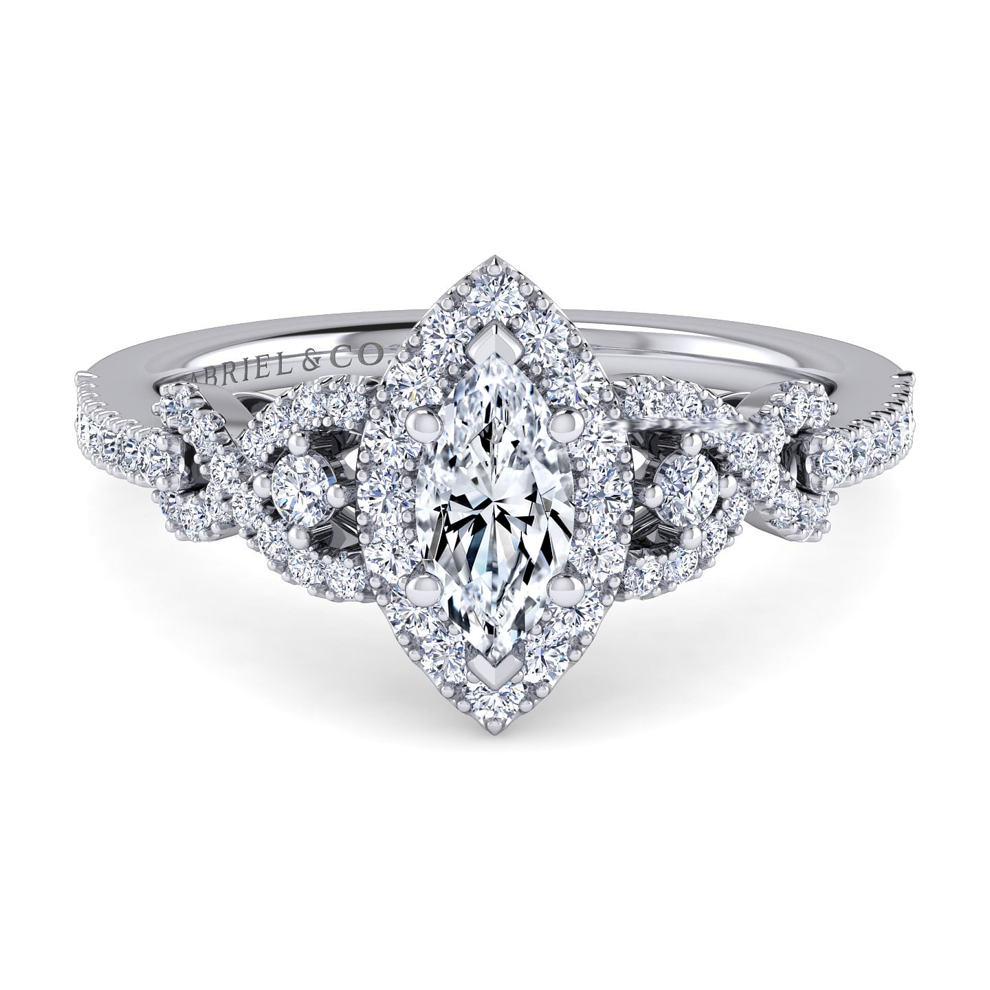 Gabriel - 14K White Gold Marquise Shape Three Stone Halo Diamond Engagement Ring
