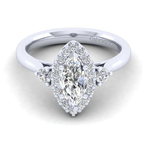 14K White Gold Marquise Shape Three Stone Halo Diamond Engagement Ring