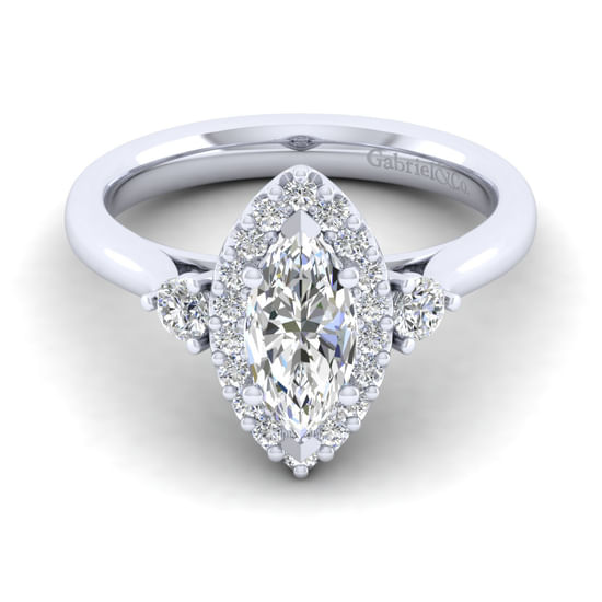 Gabriel - 14K White Gold Marquise Shape Three Stone Halo Diamond Engagement Ring