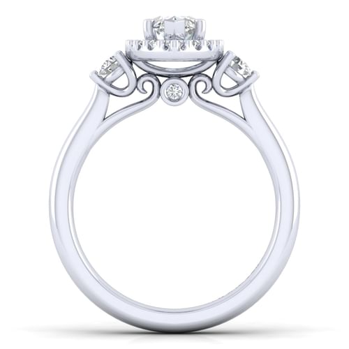 14K White Gold Marquise Shape Three Stone Halo Diamond Engagement Ring