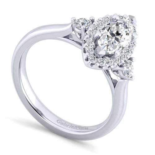 14K White Gold Marquise Shape Three Stone Halo Diamond Engagement Ring