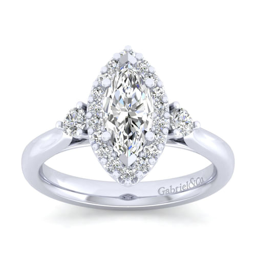 14K White Gold Marquise Shape Three Stone Halo Diamond Engagement Ring