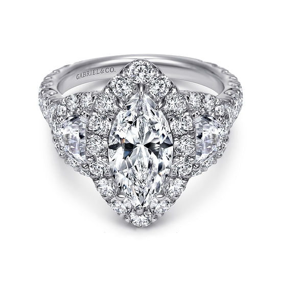 Gabriel - 14K White Gold Marquise Shape Three Stone Halo Diamond Engagement Ring