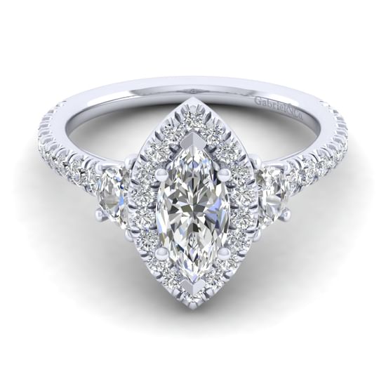 Gabriel - 14K White Gold Marquise Shape Three Stone Halo Diamond Engagement Ring