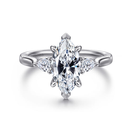 14K White Gold Marquise Shape Three Stone Lotus Diamond Engagement Ring