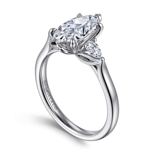 14K White Gold Marquise Shape Three Stone Lotus Diamond Engagement Ring