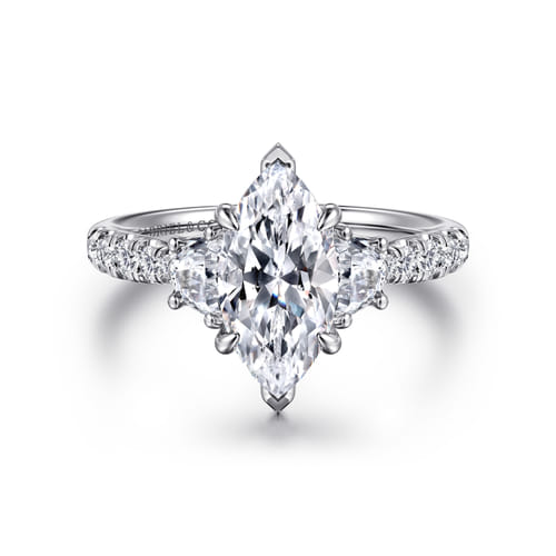14K White Gold Marquise Shape Three Stone Lotus Diamond Engagement Ring