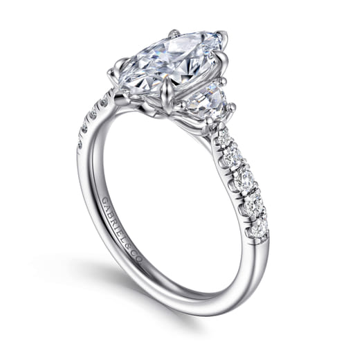14K White Gold Marquise Shape Three Stone Lotus Diamond Engagement Ring