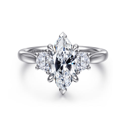 14K White Gold Marquise Shape Three Stone Lotus Diamond Engagement Ring