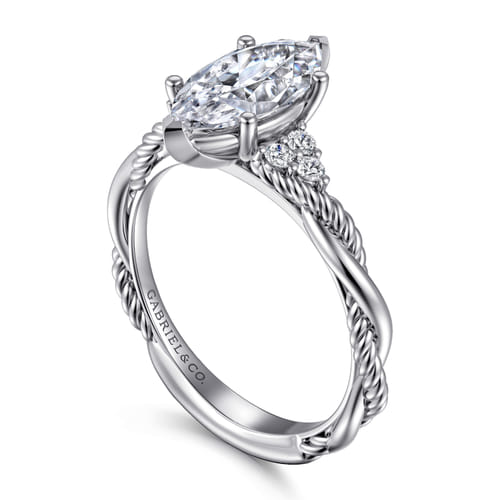 14K White Gold Marquise Shape Twisted Diamond Engagement Ring