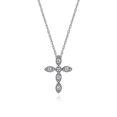 14K White Gold Marquise Shaped Diamond Cross Necklace