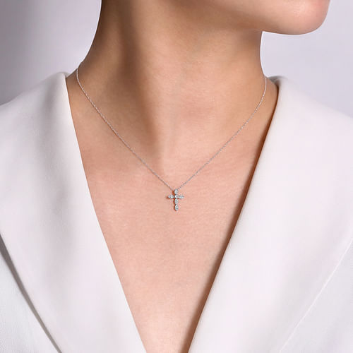 14K White Gold Marquise Shaped Diamond Cross Necklace