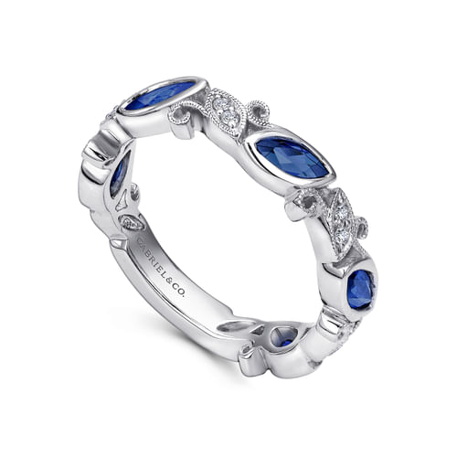 14K White Gold Marquise Station Sapphire and Diamond Ring