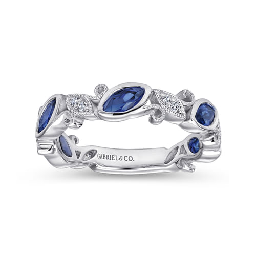 14K White Gold Marquise Station Sapphire and Diamond Ring