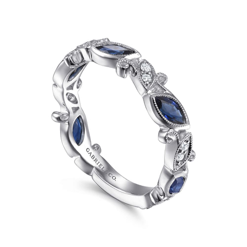 14K White Gold Marquise Station Sapphire and Diamond Ring
