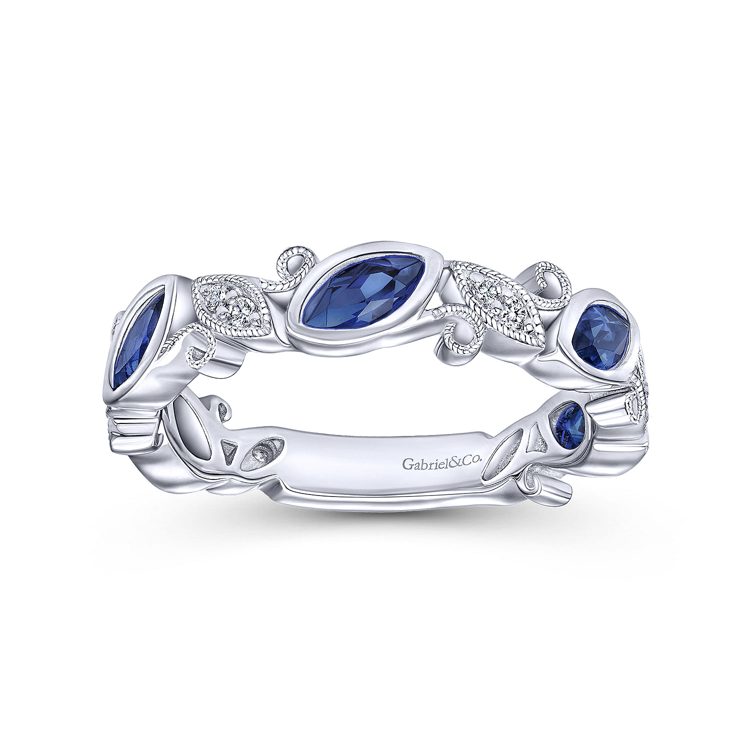 14K White Gold Marquise Station Sapphire and Diamond Ring