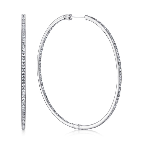 14K White Gold Micro Pavé 50mm Round Inside Out Diamond Hoop Earrings