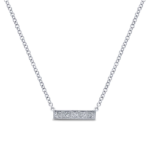 14K White Gold Milgrain Diamond Bar Necklace