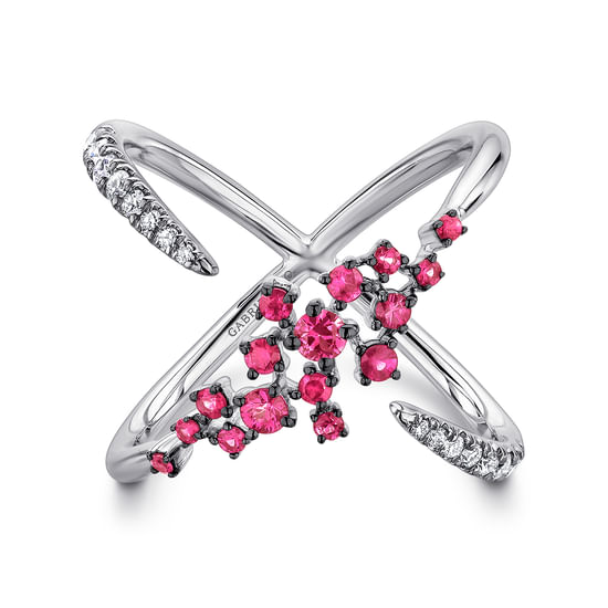 Gabriel - 14K White Gold Modern Scattered Ruby and Diamond Open Ring