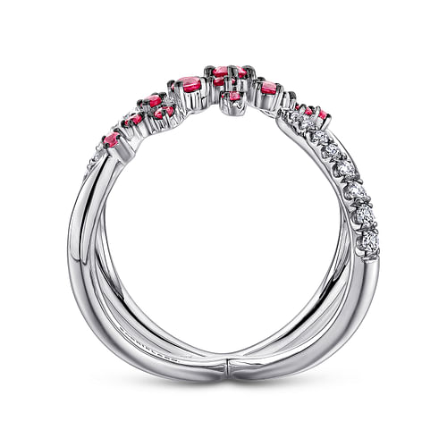 14K White Gold Modern Scattered Ruby and Diamond Open Ring