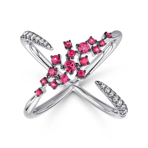 14K White Gold Modern Scattered Ruby and Diamond Open Ring