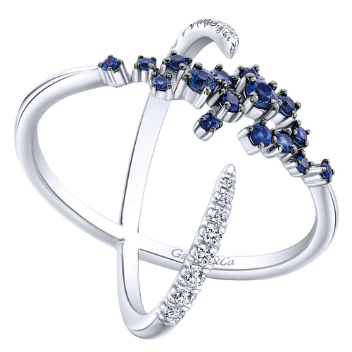 14K White Gold Modern Scattered Sapphire & Diamond Ring