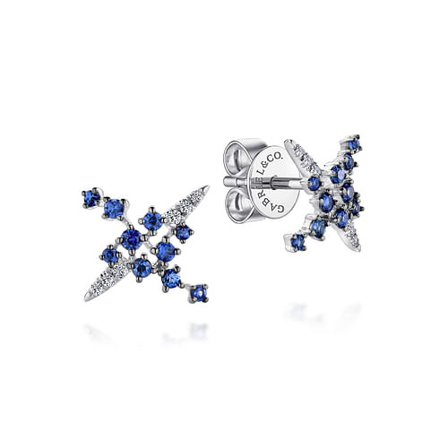 14K White Gold Modern Scattered Sapphire and Diamond Stud Earrings