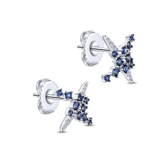 14K White Gold Modern Scattered Sapphire and Diamond Stud Earrings