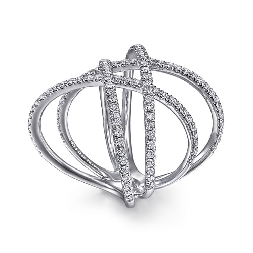 14K White Gold Multi Row Diamond Criss Cross Ring