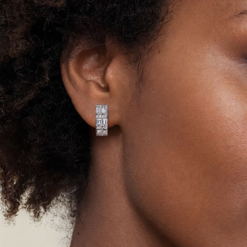 14K White Gold Multi Row Diamond Huggie Earrings