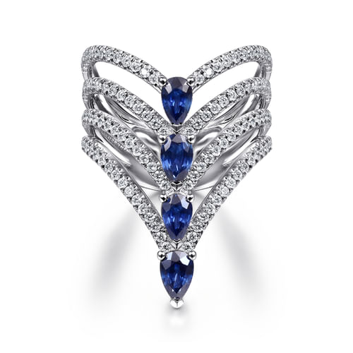 14K White Gold Multi Row Diamond and Sapphire Chevron Ring
