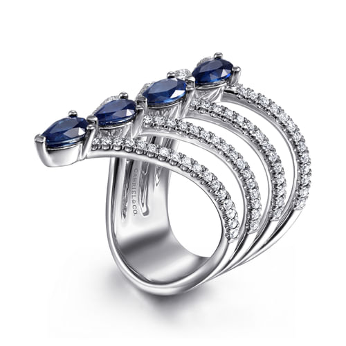 14K White Gold Multi Row Diamond and Sapphire Chevron Ring