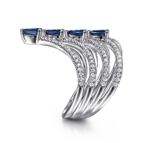 14K White Gold Multi Row Diamond and Sapphire Chevron Ring