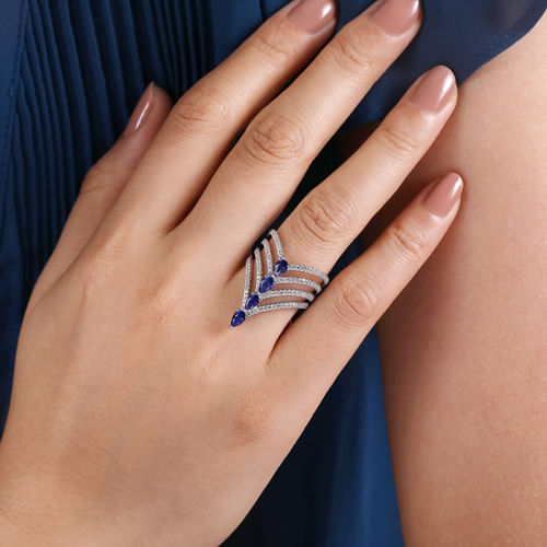 14K White Gold Multi Row Diamond and Sapphire Chevron Ring