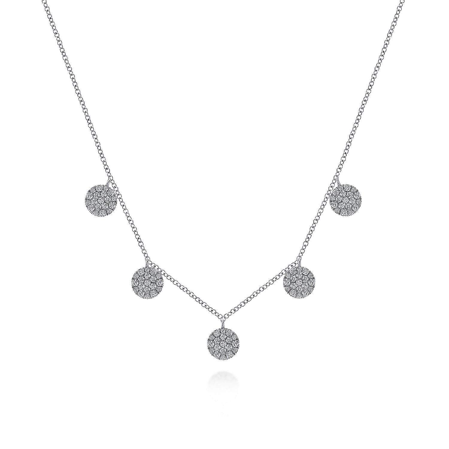 Gabriel - 14K White Gold Necklace with Round Diamond Pavé Disc Drops