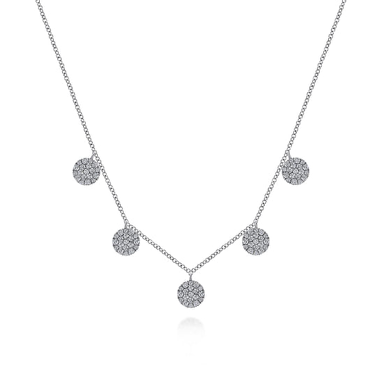 Gabriel - 14K White Gold Necklace with Round Diamond Pavé Disc Drops